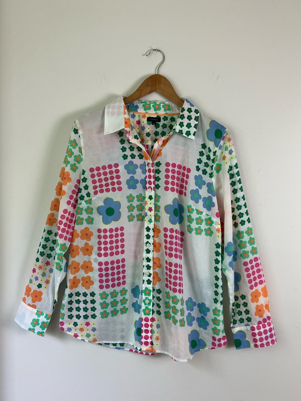 Talbots L Sheer Floral Button Up Shirt Colorful Mod Retro 100% Cotton Blouse